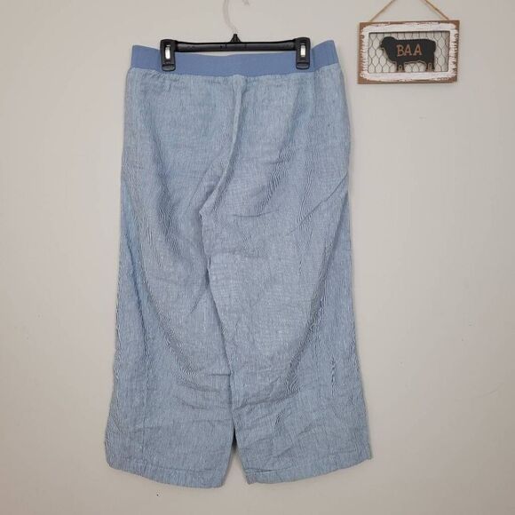 J Jill Love Linen 100% Linen Striped Blue Cropped Pants Sz M Pull On Elastic Wai - Picture 2 of 8